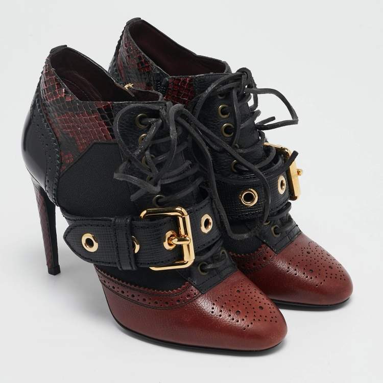 Pre Owned Burberry Black/Burgundy  Leather and Python Westmarsh Ankle Length Boots Size 36