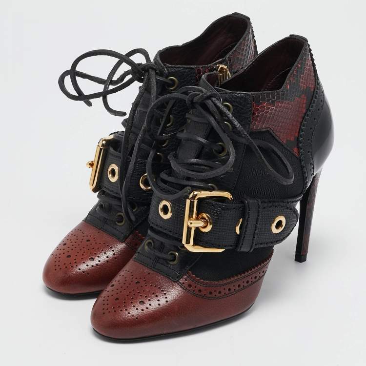 Pre Owned Burberry Black/Burgundy  Leather and Python Westmarsh Ankle Length Boots Size 36