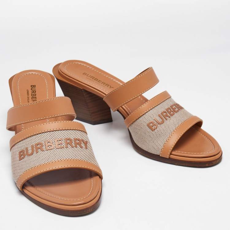 Pre Owned Burberry Beige/Tan Canvas and Leather Honour Slide Sandals Size 37