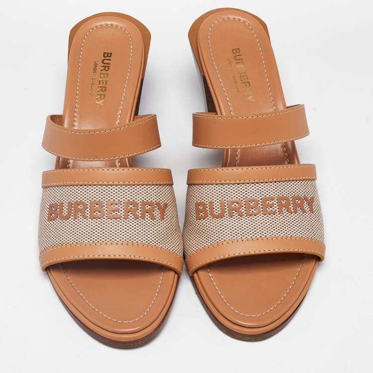 Pre Owned Burberry Beige/Tan Canvas and Leather Honour Slide Sandals Size 37