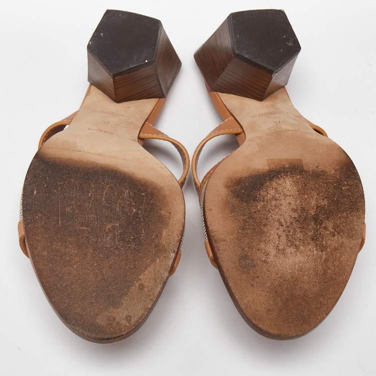 Pre Owned Burberry Beige/Tan Canvas and Leather Honour Slide Sandals Size 37