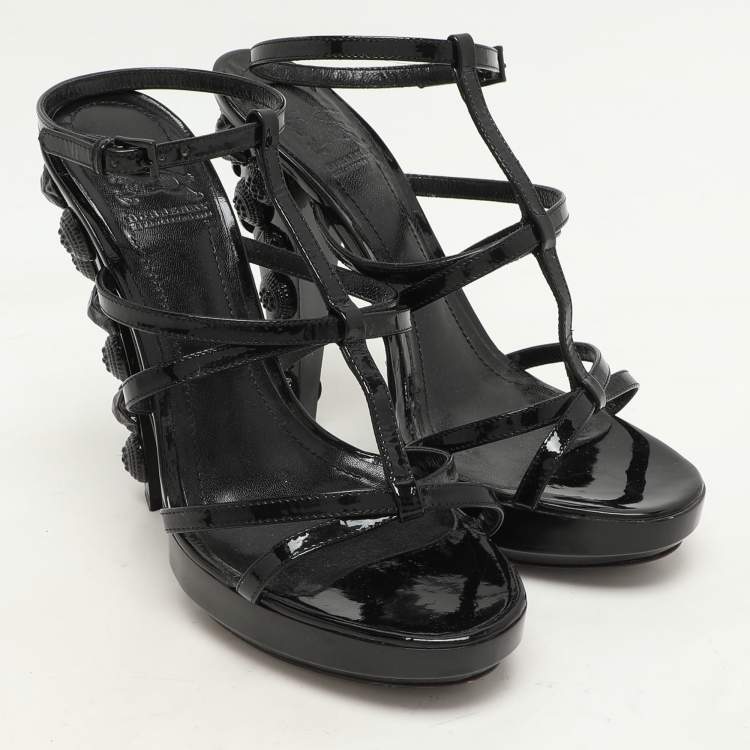 Pre Owned Burberry Black Leather Maison Studded Heel Ankle Strap Sandals Size 37
