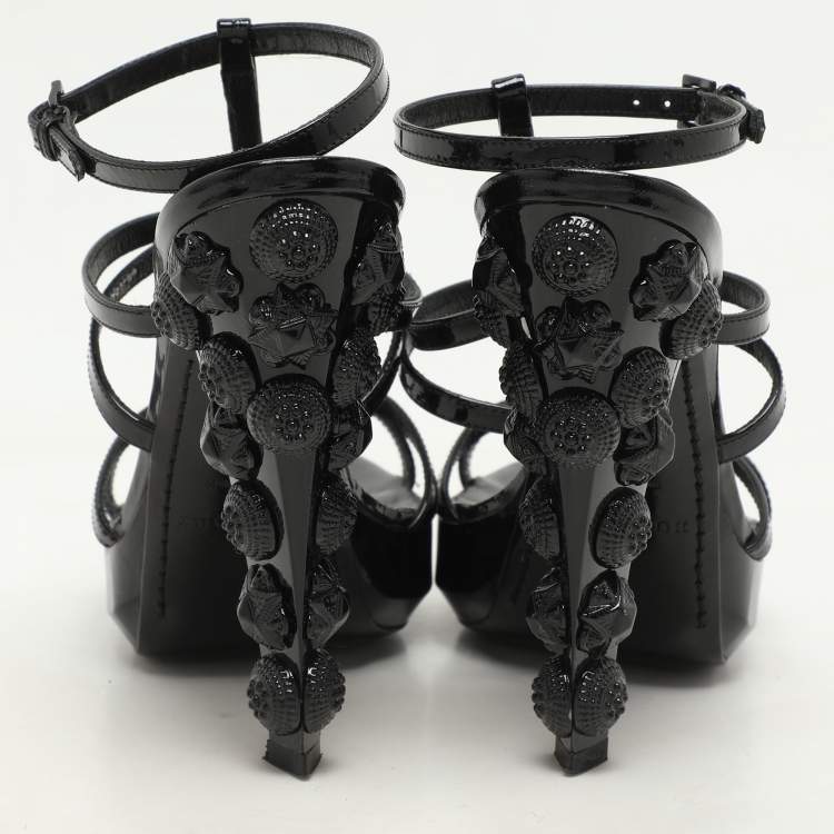 Pre Owned Burberry Black Leather Maison Studded Heel Ankle Strap Sandals Size 37