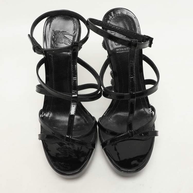 Pre Owned Burberry Black Leather Maison Studded Heel Ankle Strap Sandals Size 37