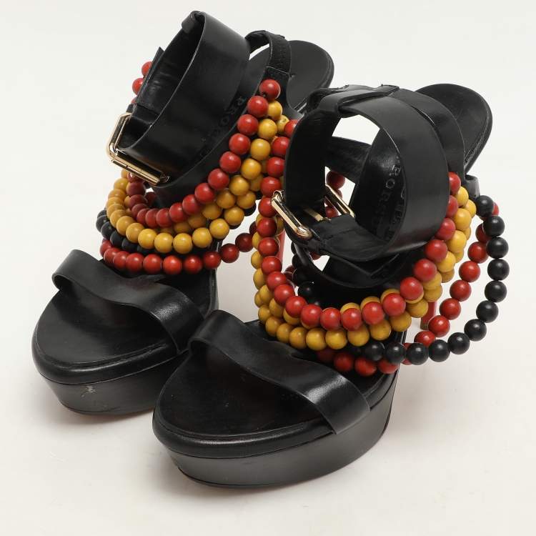 Pre Owned Burberry Prorsum Black T Strap Beaded Platform Sandals Size 37
