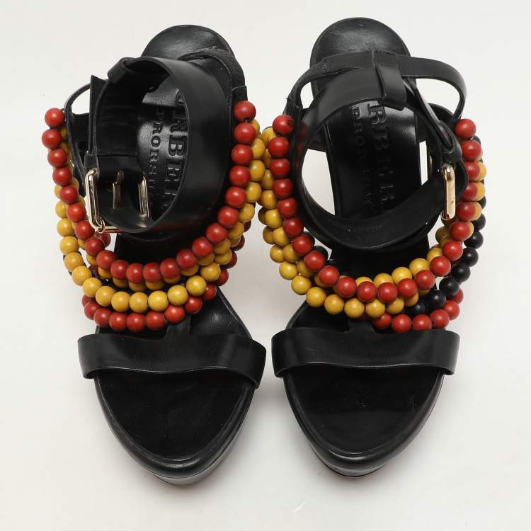 Pre Owned Burberry Prorsum Black T Strap Beaded Platform Sandals Size 37