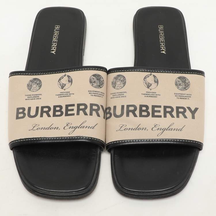 Pre Owned Burberry Beige Canvas Carolyn Logo Flat Slide Sandals Size 39