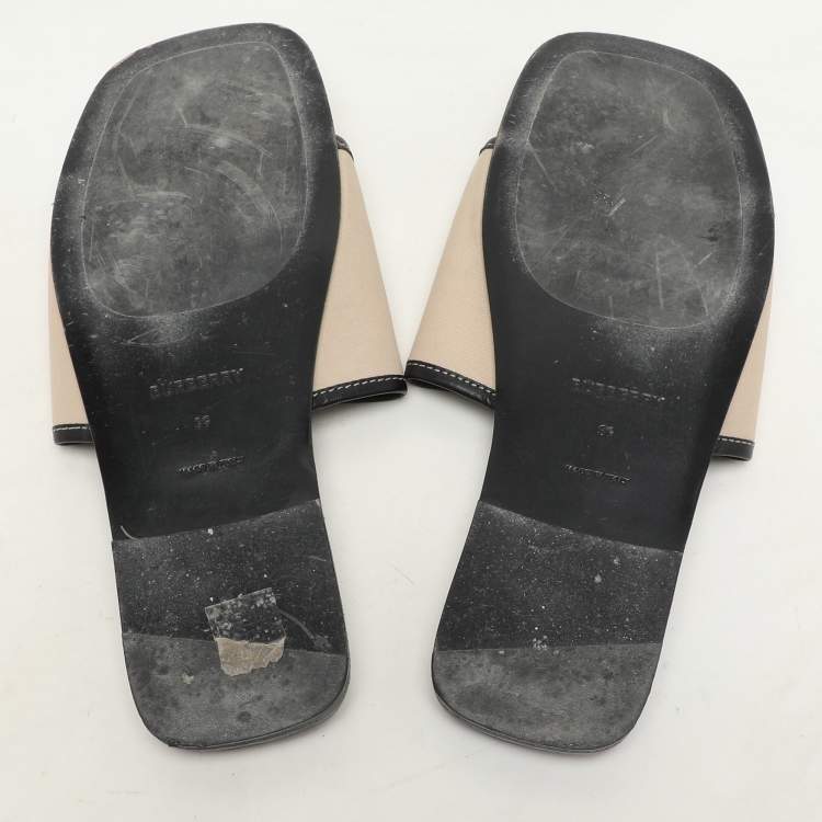 Pre Owned Burberry Beige Canvas Carolyn Logo Flat Slide Sandals Size 39