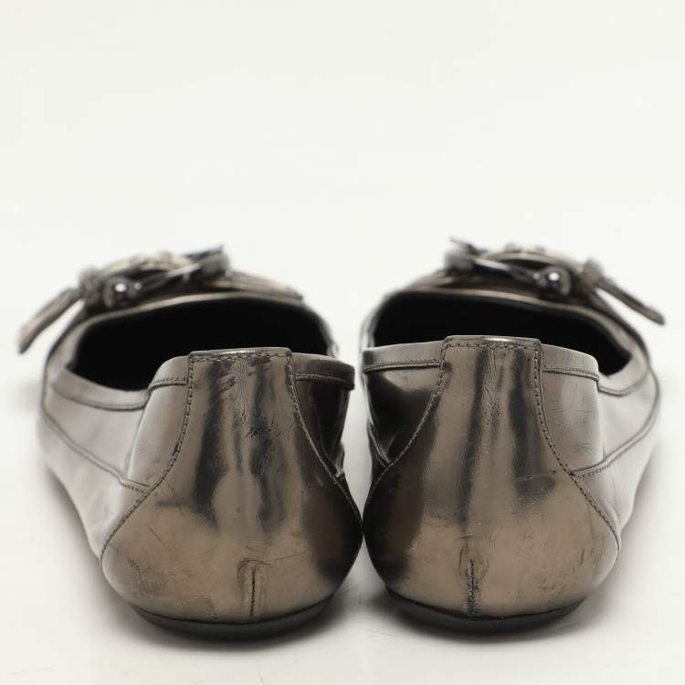 Pre Owned Burberry Metallic Leather and Nova Check Canvas Buckle Detail Ballet Flats Size 39