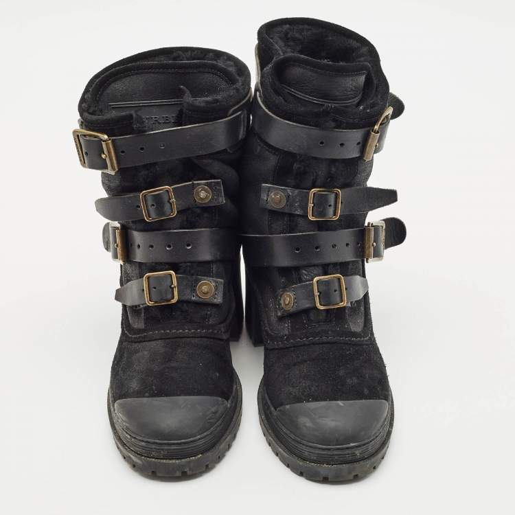 Pre Owned Burberry Black Leather and Suede Aviator Dukes Combat Boots Size 39