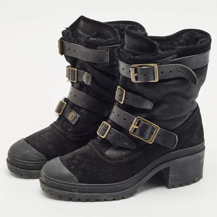 Pre Owned Burberry Black Leather and Suede Aviator Dukes Combat Boots Size 39