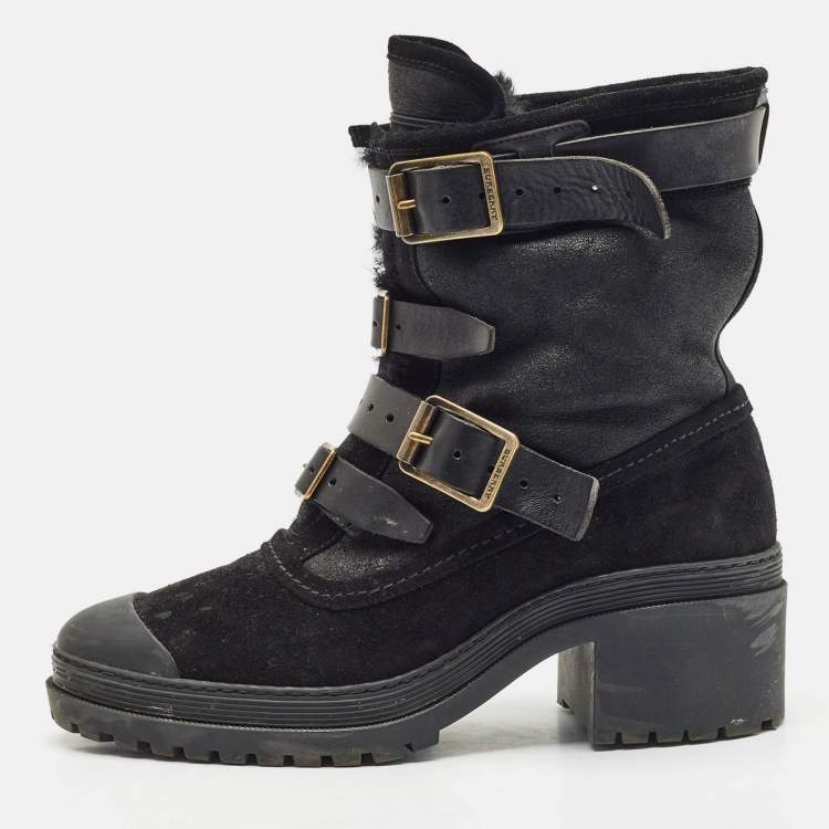 Pre Owned Burberry Black Leather and Suede Aviator Dukes Combat Boots Size 39