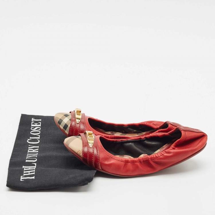 Pre Owned Burberry Tricolor Leather and House Check Canvas Buckle Detail Scrunch Ballet Flats Size 38