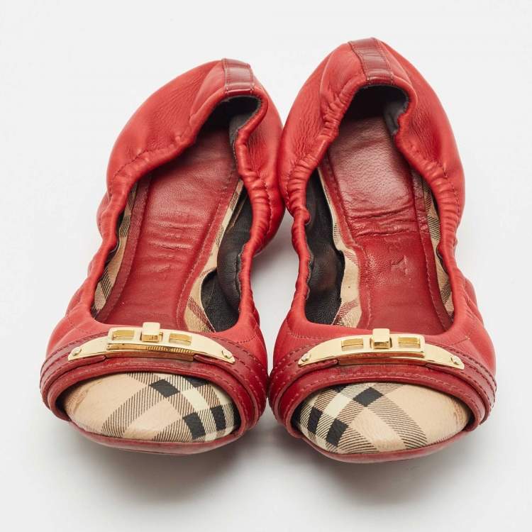 Pre Owned Burberry Tricolor Leather and House Check Canvas Buckle Detail Scrunch Ballet Flats Size 38