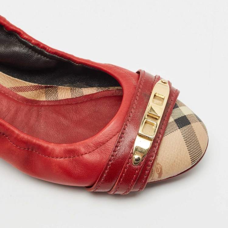 Pre Owned Burberry Tricolor Leather and House Check Canvas Buckle Detail Scrunch Ballet Flats Size 38