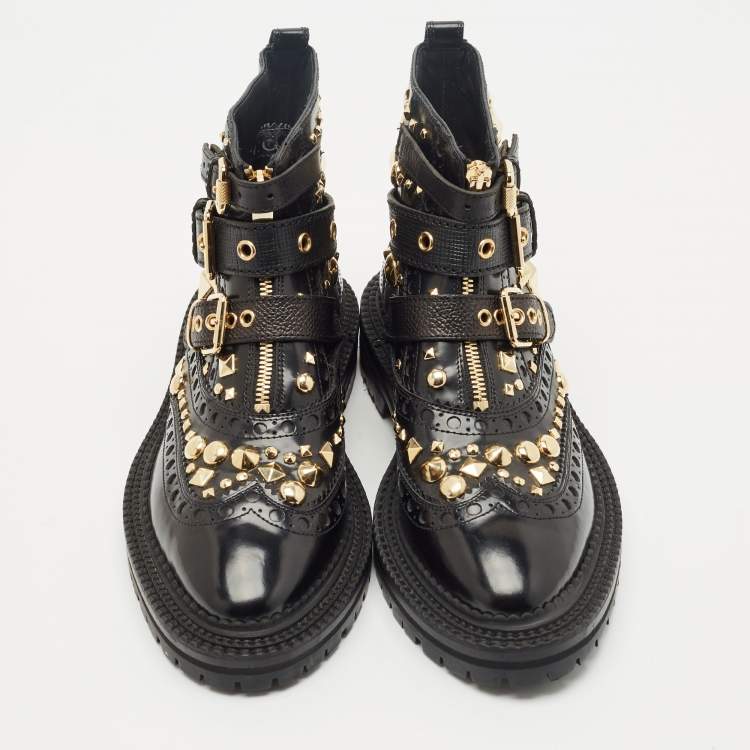 Pre Owned Burberry Black Studded Leather Everdon Ankle Boots Size 39