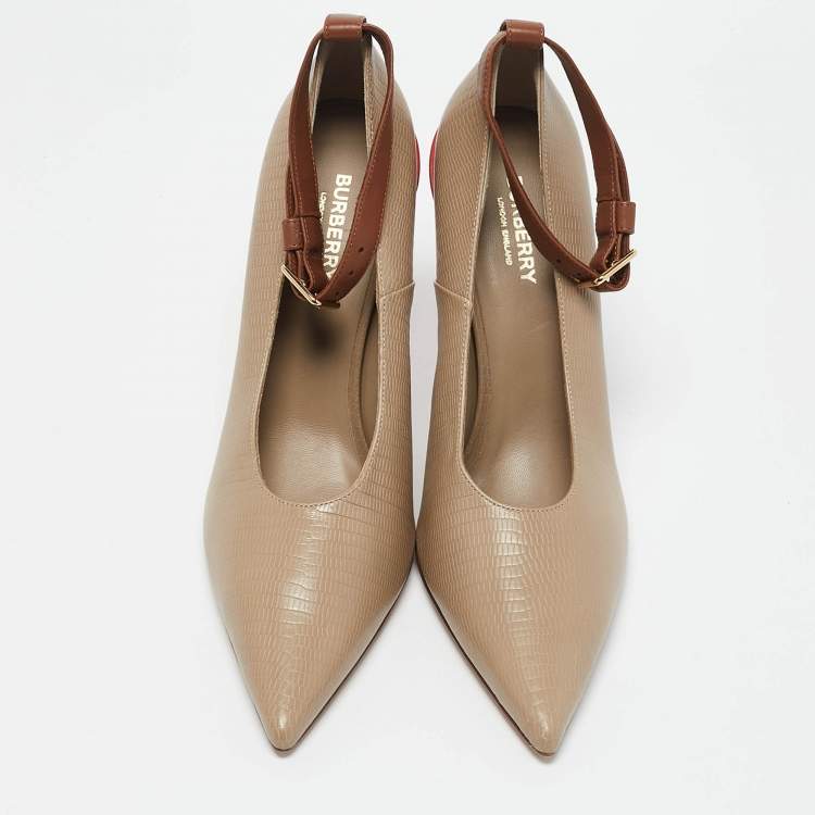 Pre Owned Burberry Brown Textured Leather Ankle Strap Pumps Size 40