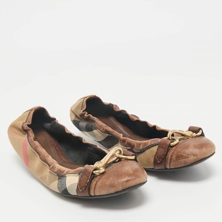 Pre Owned Burberry Brown House Check Canvas And Leather Shipley Ballet Flats Size 39