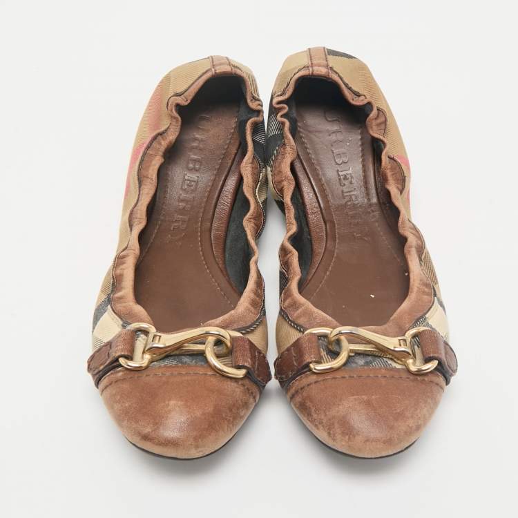 Pre Owned Burberry Brown House Check Canvas And Leather Shipley Ballet Flats Size 39