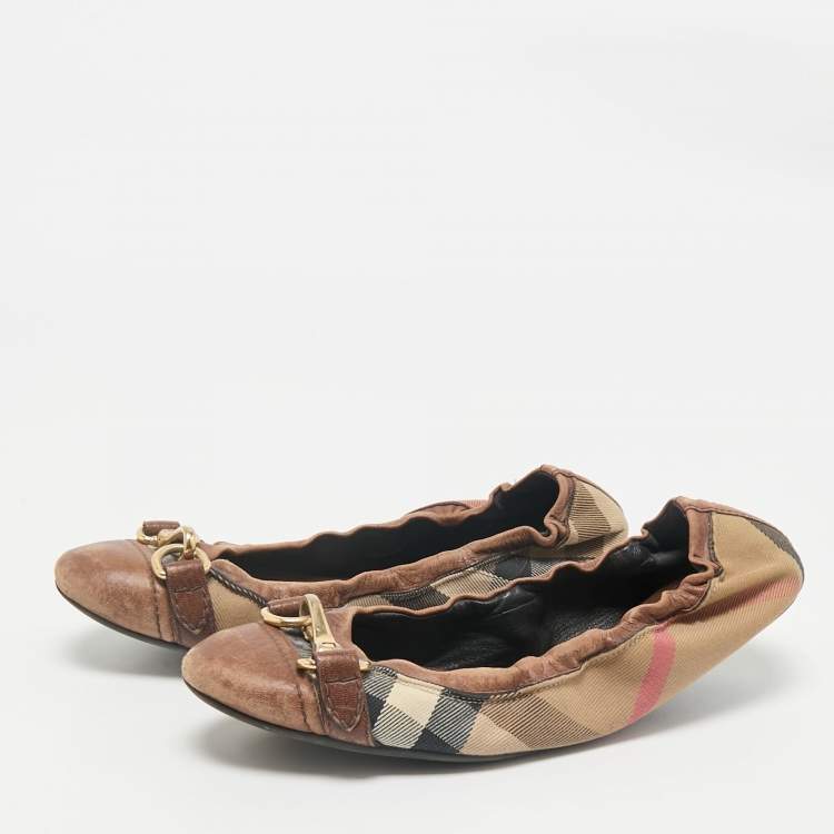 Pre Owned Burberry Brown House Check Canvas And Leather Shipley Ballet Flats Size 39