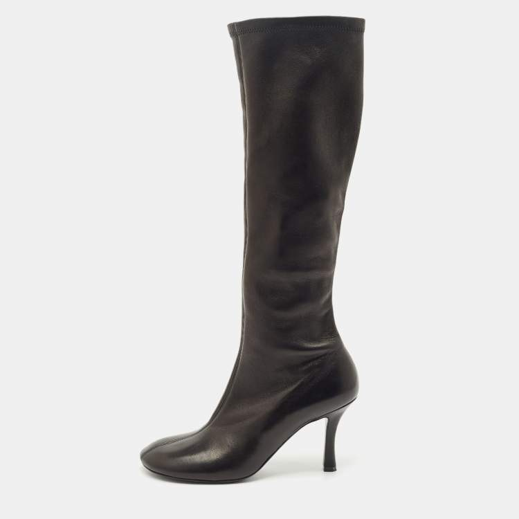 Pre Owned Burberry Black Leather Round Toe Knee Length Boots Size 38