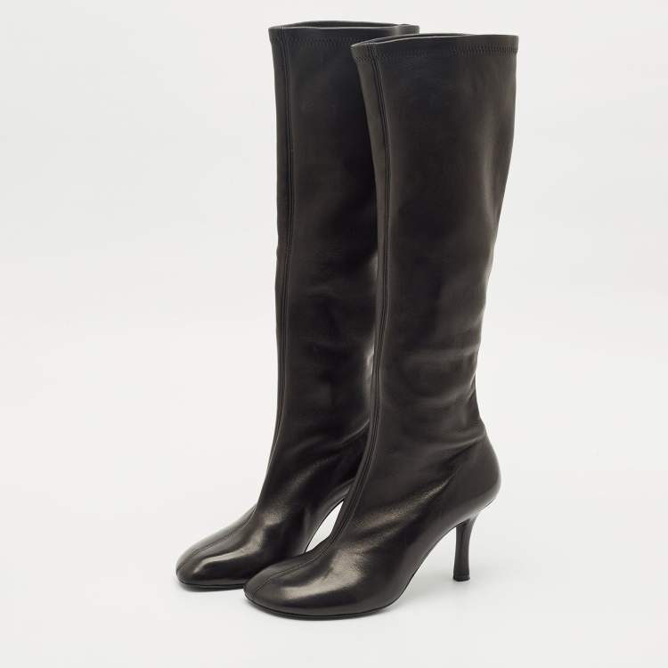 Pre Owned Burberry Black Leather Round Toe Knee Length Boots Size 38
