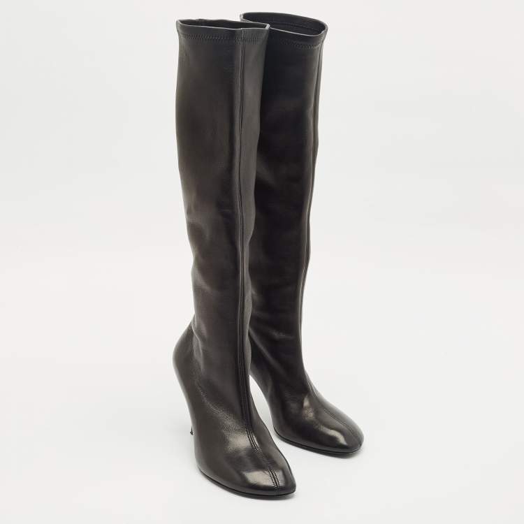 Pre Owned Burberry Black Leather Round Toe Knee Length Boots Size 38