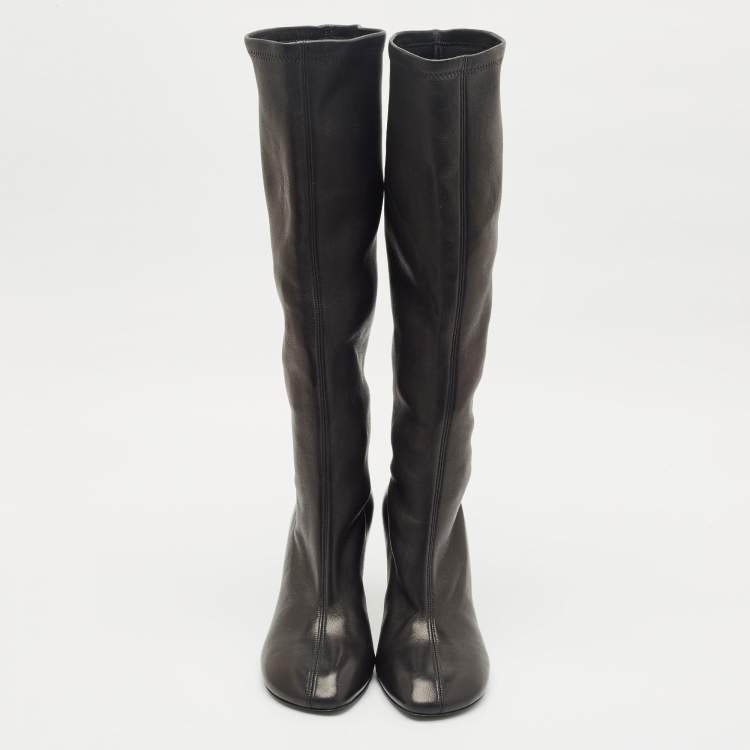 Pre Owned Burberry Black Leather Round Toe Knee Length Boots Size 38