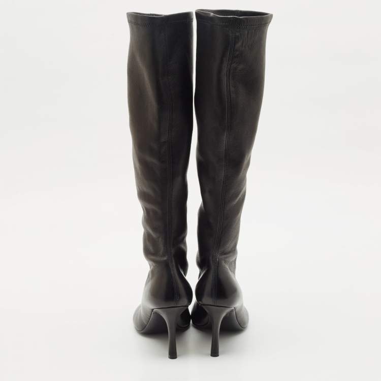 Pre Owned Burberry Black Leather Round Toe Knee Length Boots Size 38