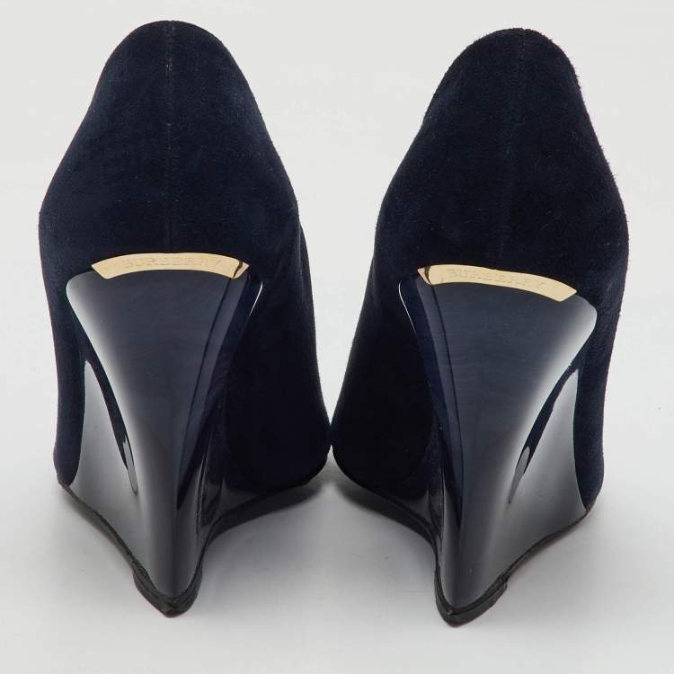 Pre Owned Burberry Blue Suede Reyard Wedge Pumps Size 36.5