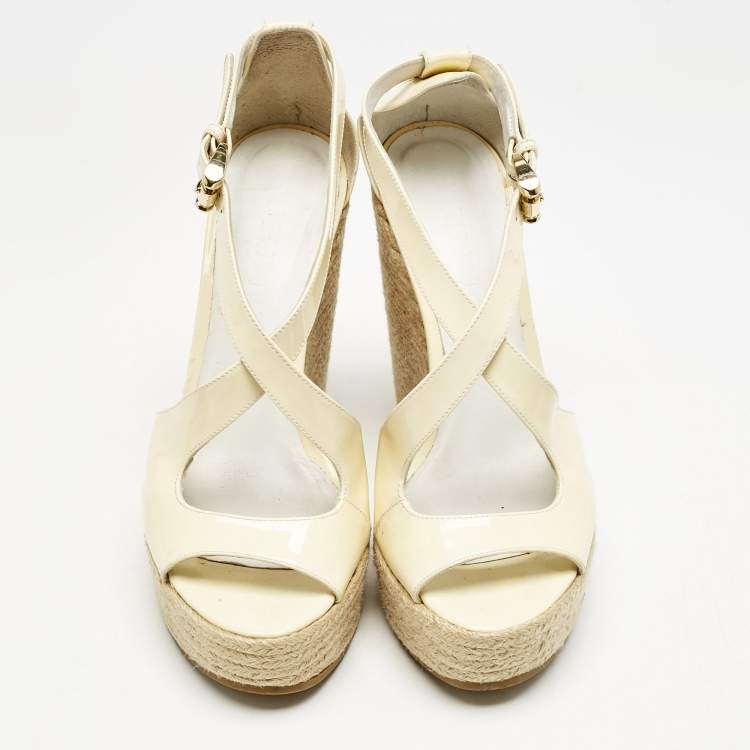 Pre Owned Burberry Cream Patent Peep Toe Wedge Espadrilles Sandals Size 37