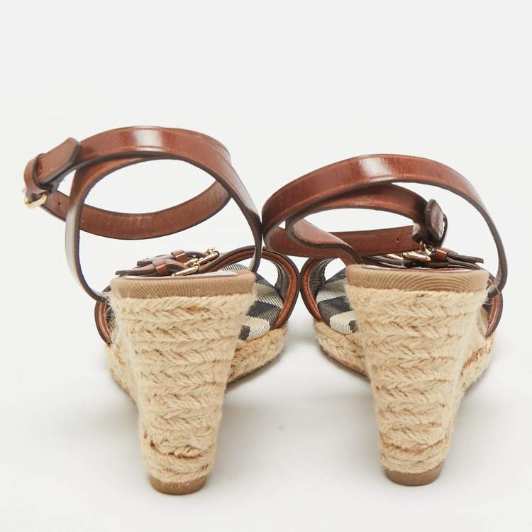 Pre Owned Burberry Brown Leather Nova Check Wedge Sandals Size 38