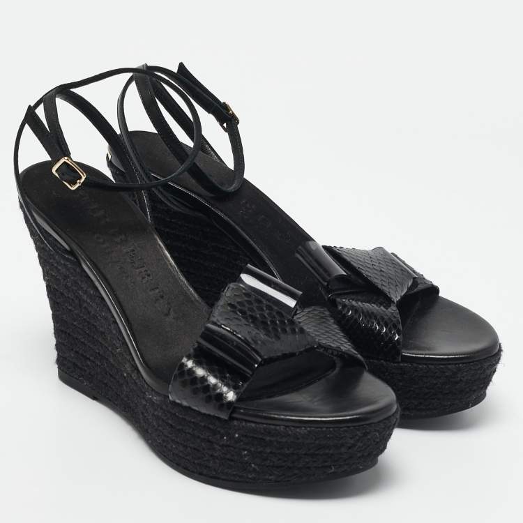 Pre Owned Burberry Black Snakeskin Leather Wedge Sandals Size 38