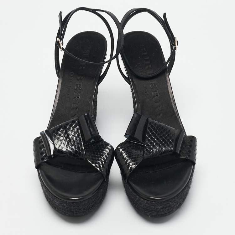 Pre Owned Burberry Black Snakeskin Leather Wedge Sandals Size 38