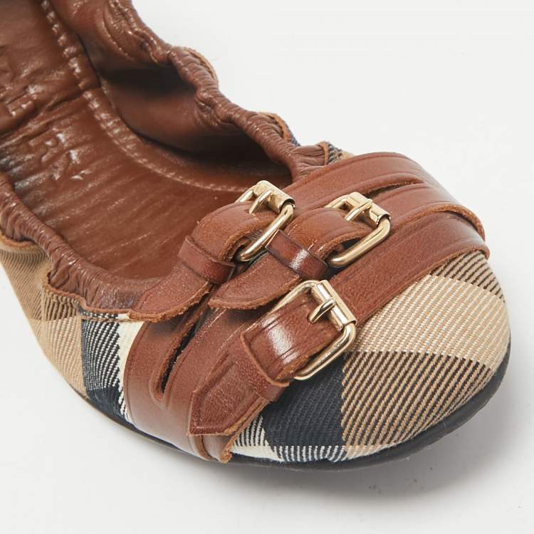 Pre Owned Burberry Brown House Check Canvas And Leather Shipley Ballet Flats Size 40