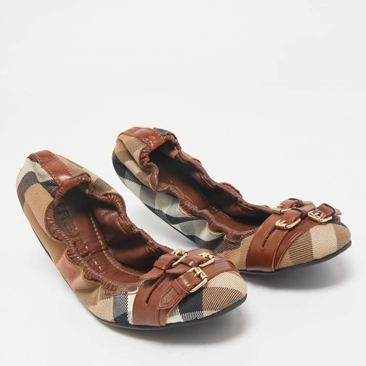 Pre Owned Burberry Brown House Check Canvas And Leather Shipley Ballet Flats Size 40
