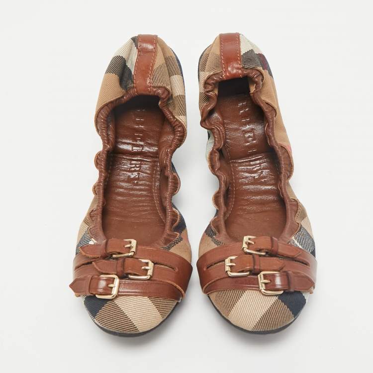 Pre Owned Burberry Brown House Check Canvas And Leather Shipley Ballet Flats Size 40