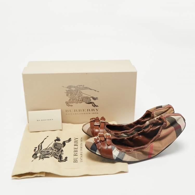 Pre Owned Burberry Brown House Check Canvas And Leather Shipley Ballet Flats Size 40