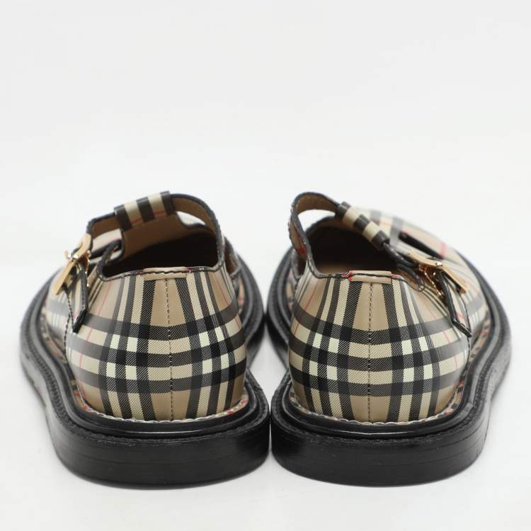 Pre Owned Burberry Beige Vintage Check Leather T-Bar Shoes Size 38.5