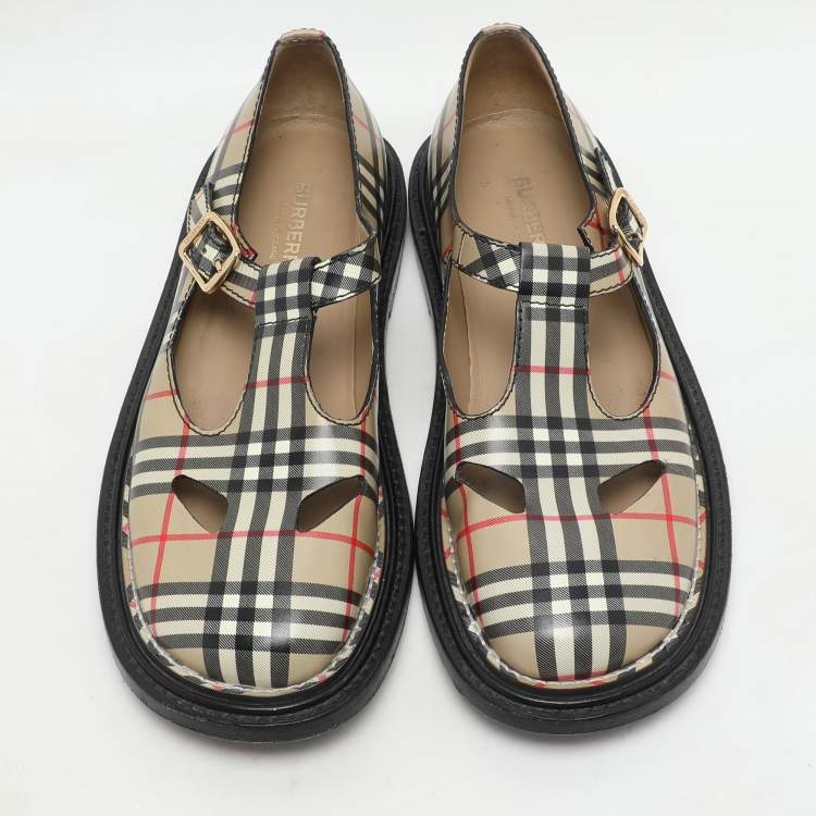 Pre Owned Burberry Beige Vintage Check Leather T-Bar Shoes Size 38.5
