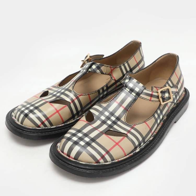 Pre Owned Burberry Beige Vintage Check Leather T-Bar Shoes Size 38.5
