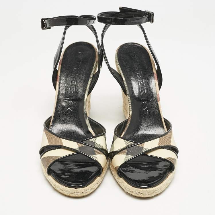 Pre Owned Burberry Brown Patent Leather and Nova Check Canvas Wedge Sandals Size 40