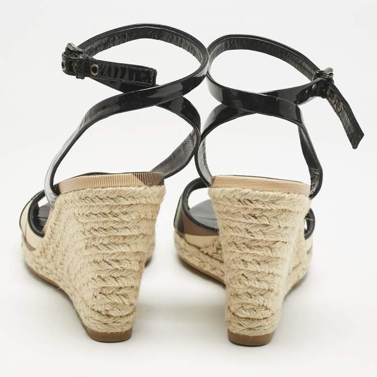 Pre Owned Burberry Brown Patent Leather and Nova Check Canvas Wedge Sandals Size 40