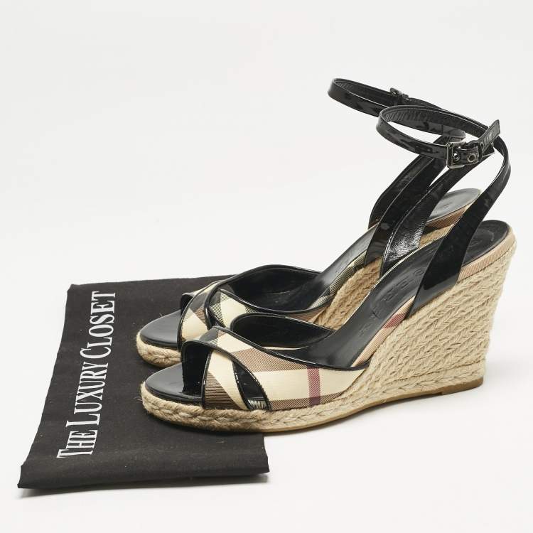 Pre Owned Burberry Brown Patent Leather and Nova Check Canvas Wedge Sandals Size 40