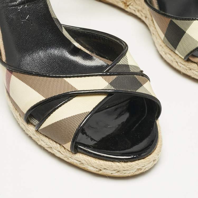 Pre Owned Burberry Brown Patent Leather and Nova Check Canvas Wedge Sandals Size 40