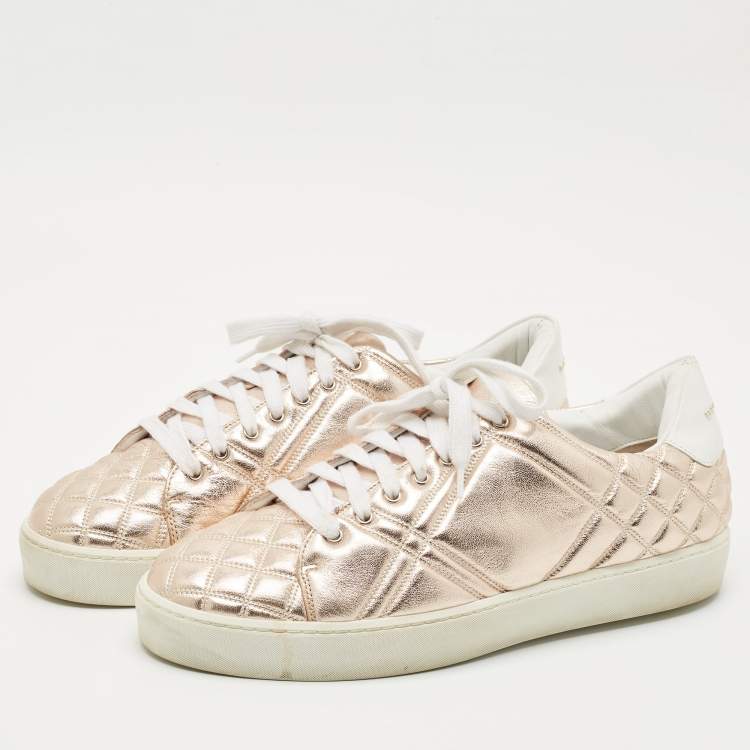 Pre Owned Burberry Metallic Pink Quilted Leather Westford Low Top Sneakers Size 40
