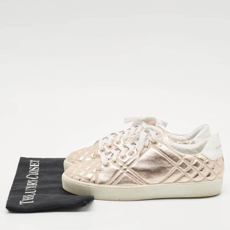Pre Owned Burberry Metallic Pink Quilted Leather Westford Low Top Sneakers Size 40