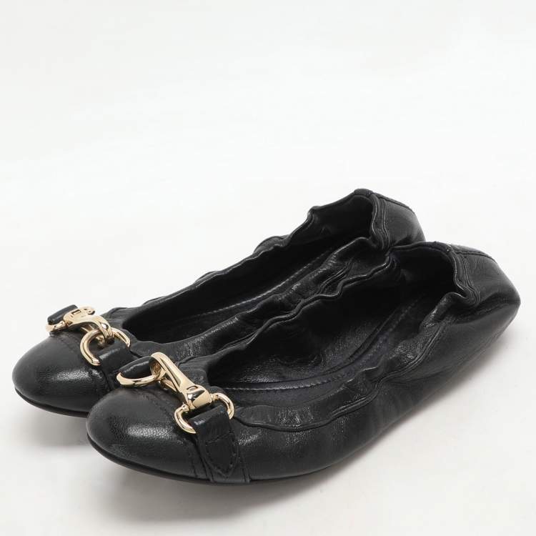 Pre Owned Burberry Black Leather Scrunch Ballet Flats Size 36