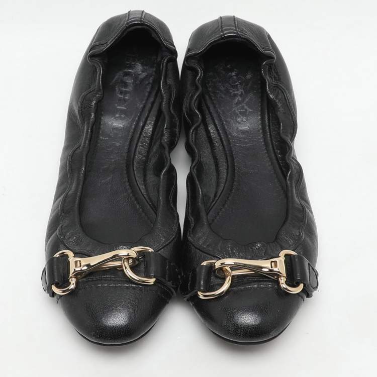 Pre Owned Burberry Black Leather Scrunch Ballet Flats Size 36
