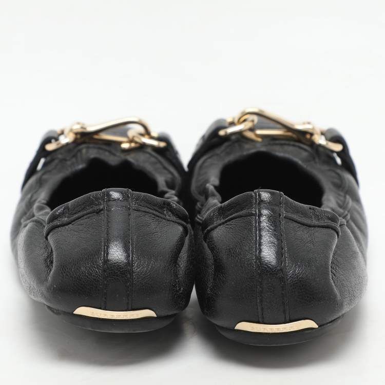 Pre Owned Burberry Black Leather Scrunch Ballet Flats Size 36